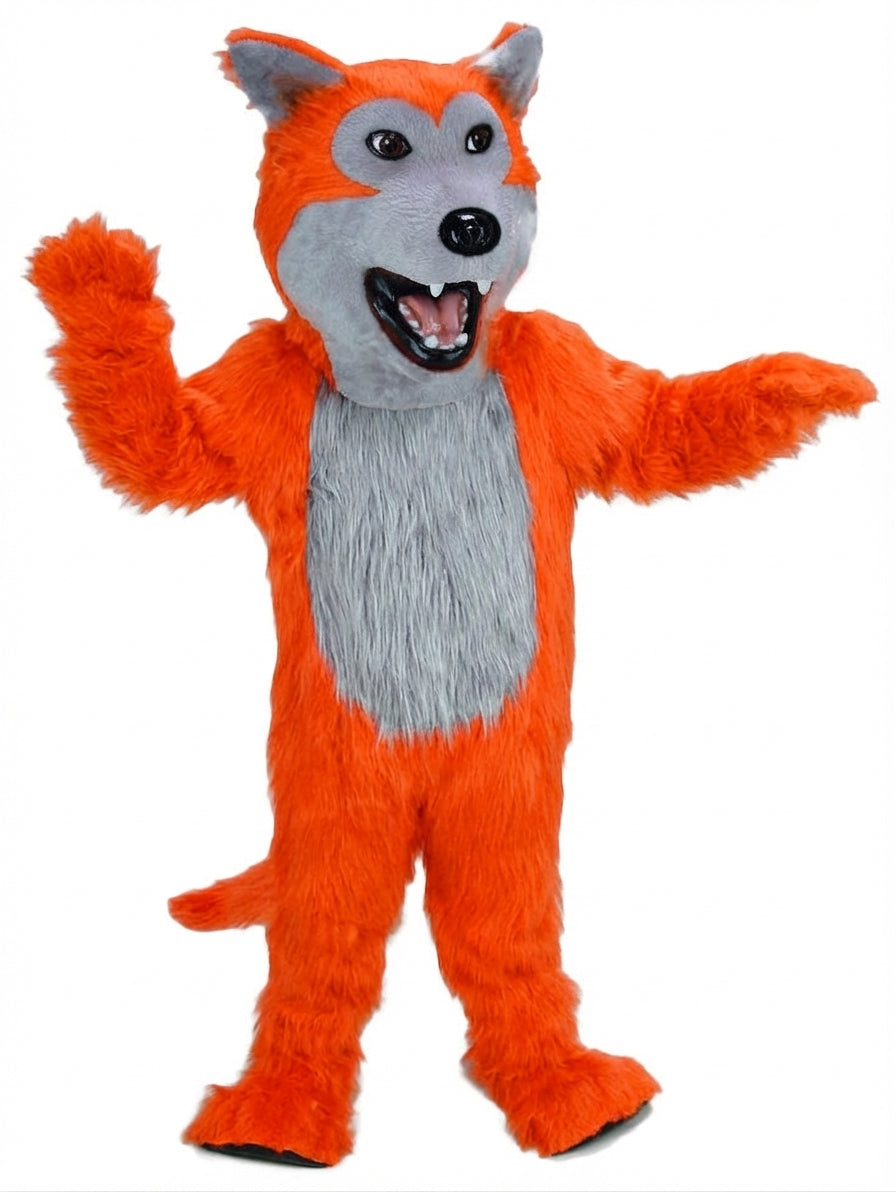 Black Wolf Mascot - Long fur / Bright Orange mascot costume