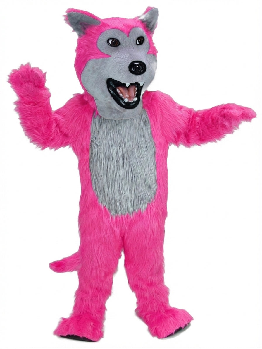 Black Wolf Mascot - Long fur / Bright Pink mascot costume