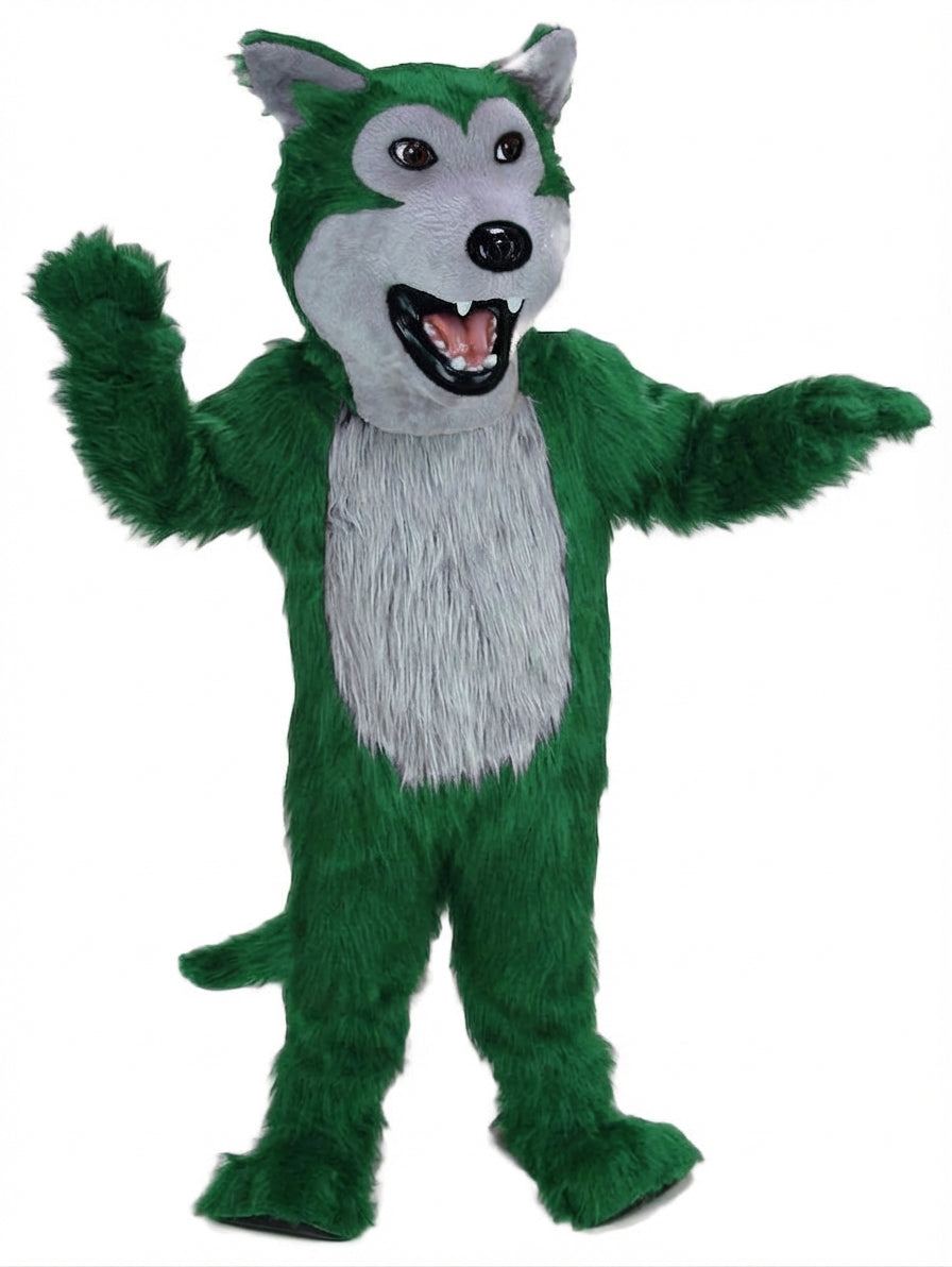 Black Wolf Mascot - Long fur / Green mascot costume