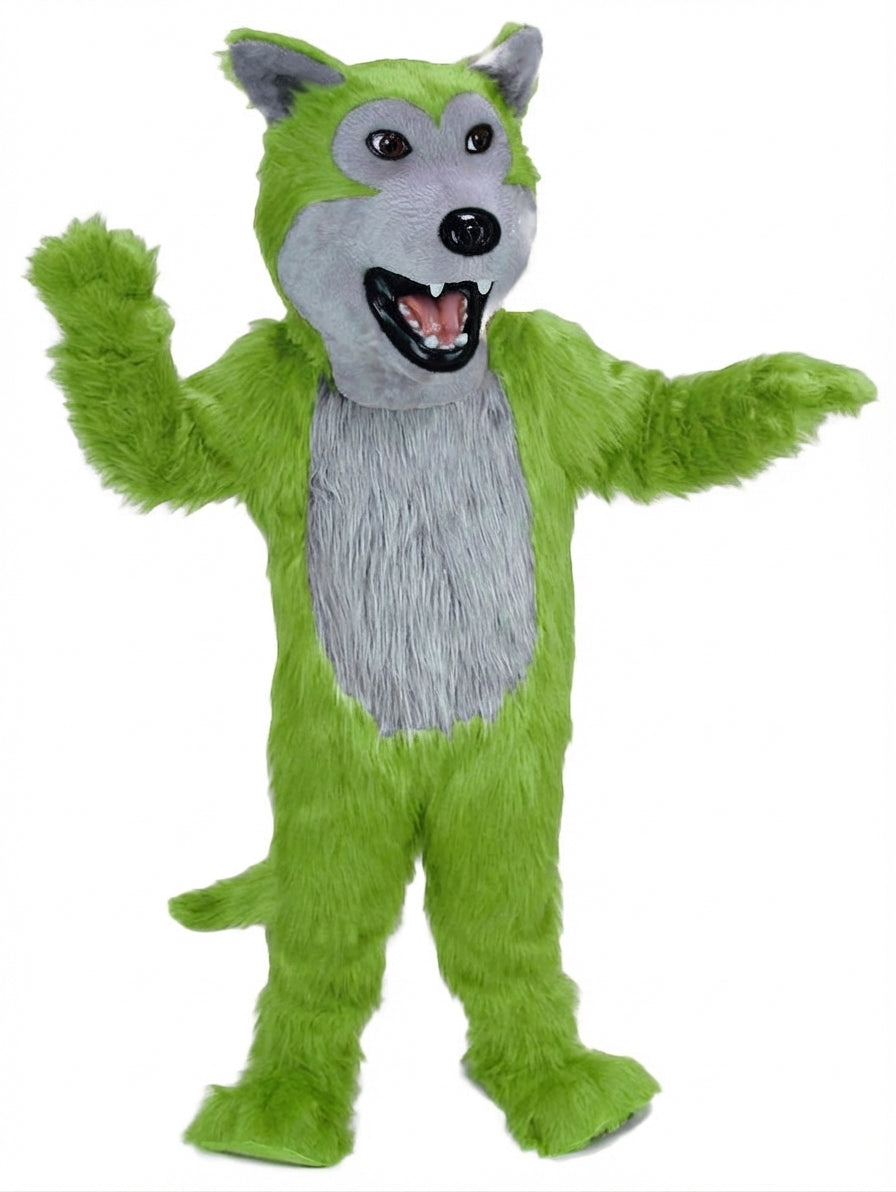 Black Wolf Mascot - Long fur / Lime mascot costume