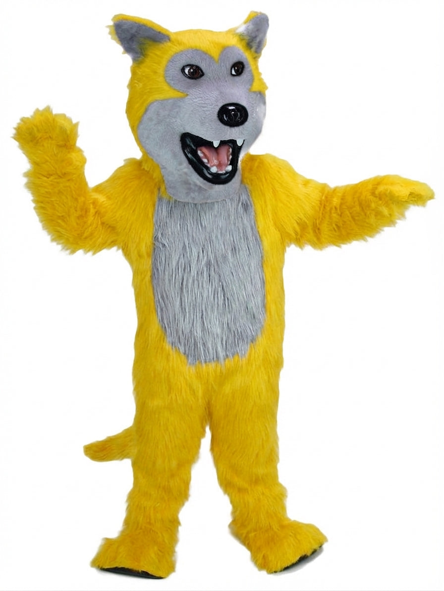 Black Wolf Mascot - Long fur / Yellow mascot costume