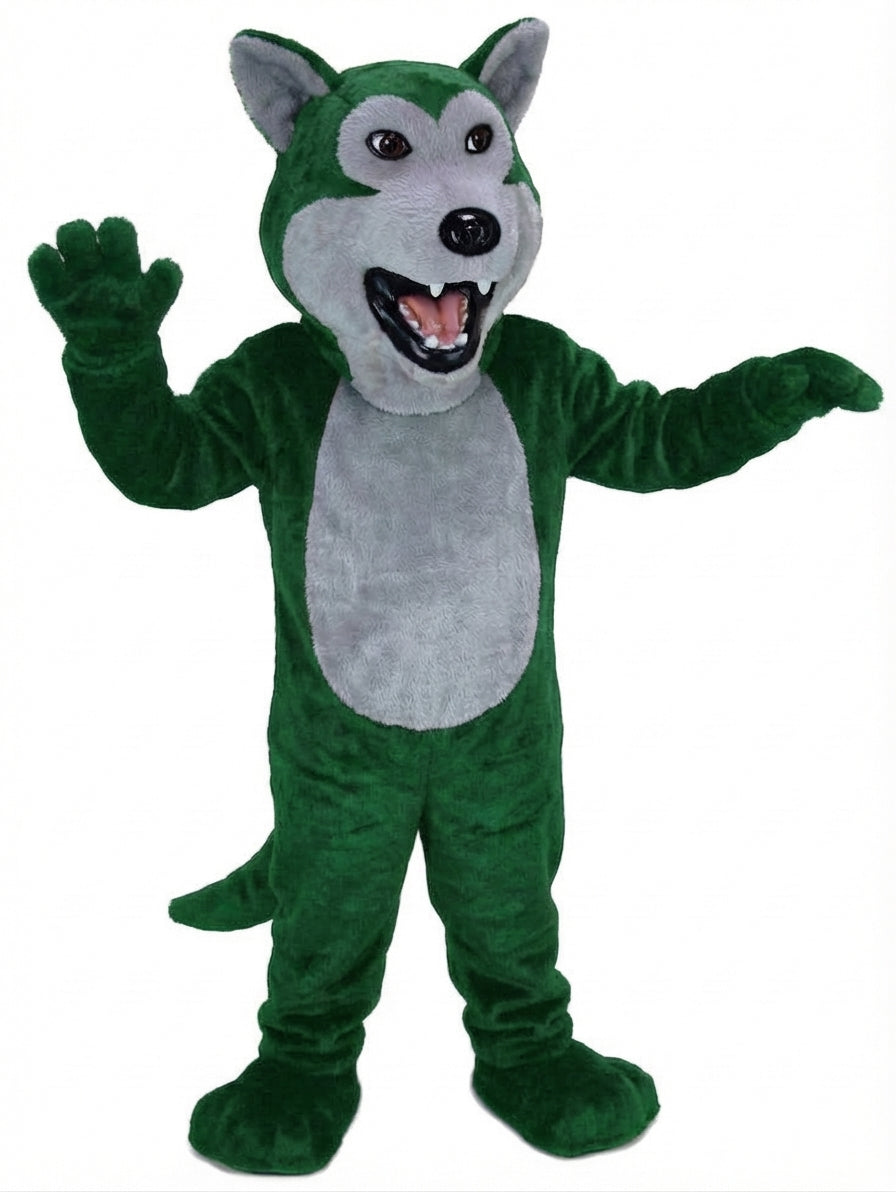 Black Wolf Mascot - Short fur / Green mascot costume