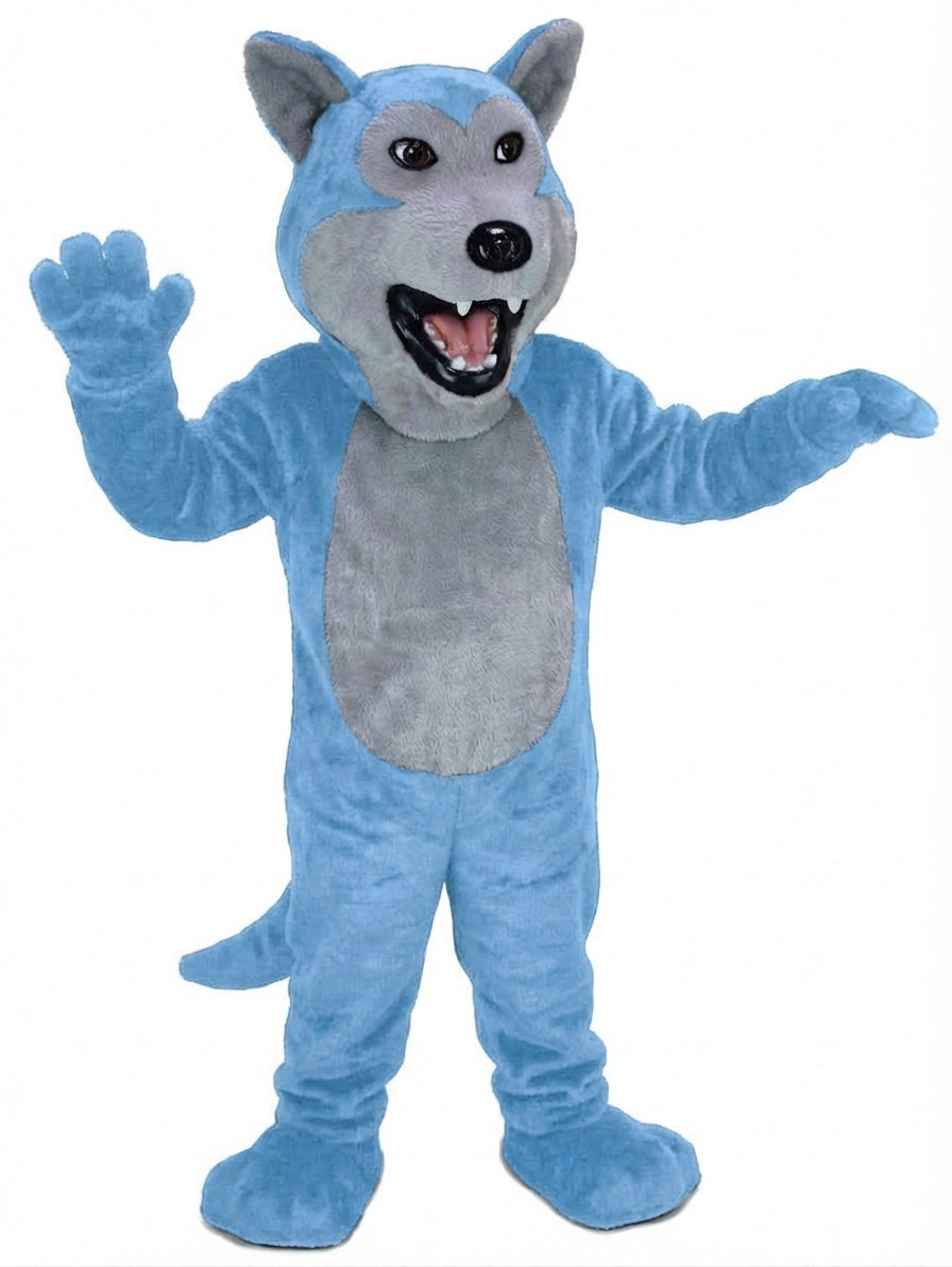 Black Wolf Mascot - Short fur / Light blue mascot costume