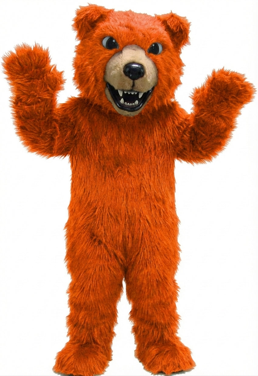Brown Grizzly Bear Mascot - Long fur / Bright Orange mascot costume