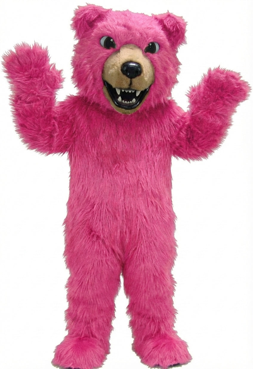 Brown Grizzly Bear Mascot - Long fur / Bright Pink mascot costume