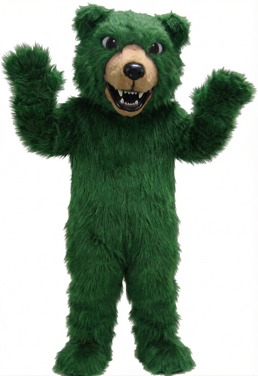 Brown Grizzly Bear Mascot - Long fur / Green mascot costume