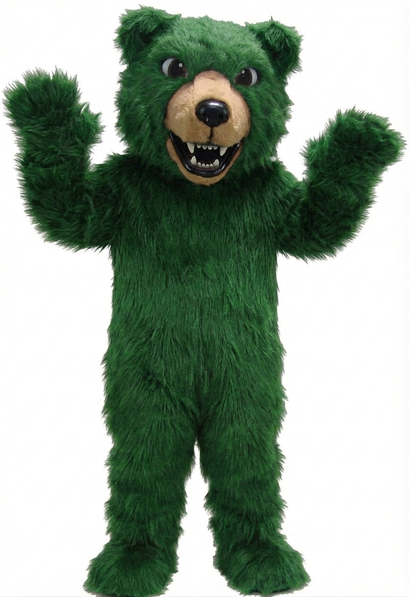 Brown Grizzly Bear Mascot - Long fur / Green mascot costume