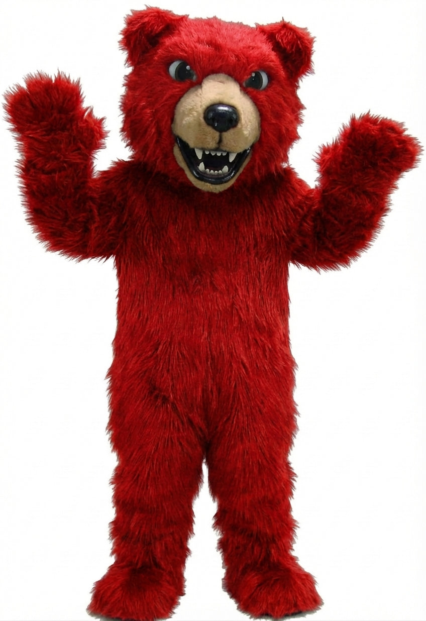 Brown Grizzly Bear Mascot - Long fur / Red mascot costume