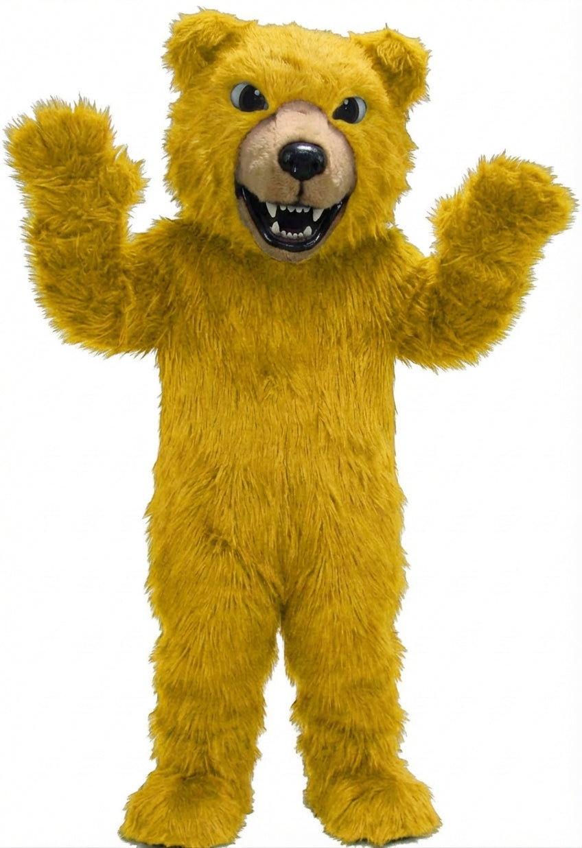 Brown Grizzly Bear Mascot - Long fur / Yellow mascot costume
