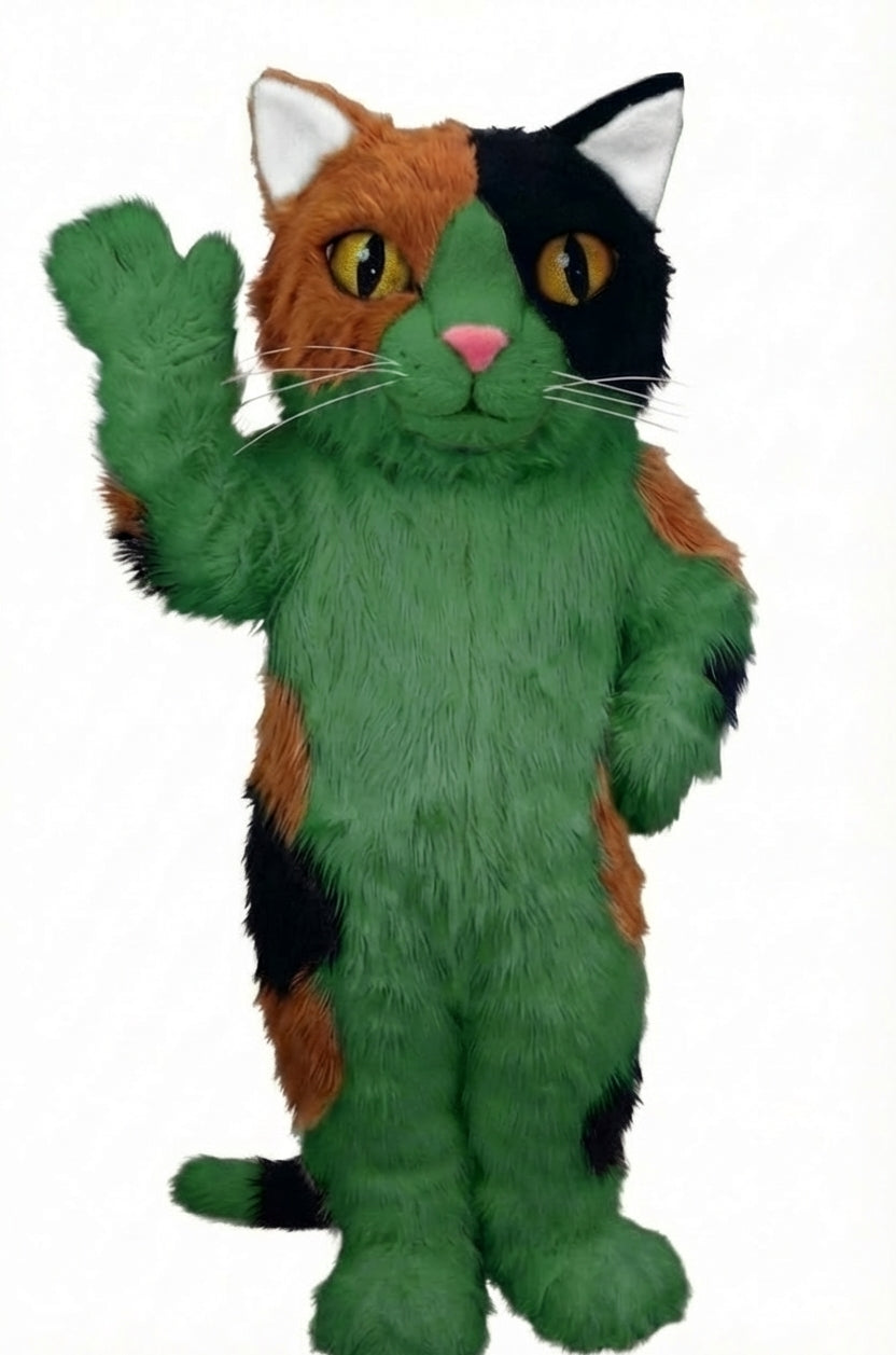 Calico Cat Mascot - Long fur / Green mascot costume