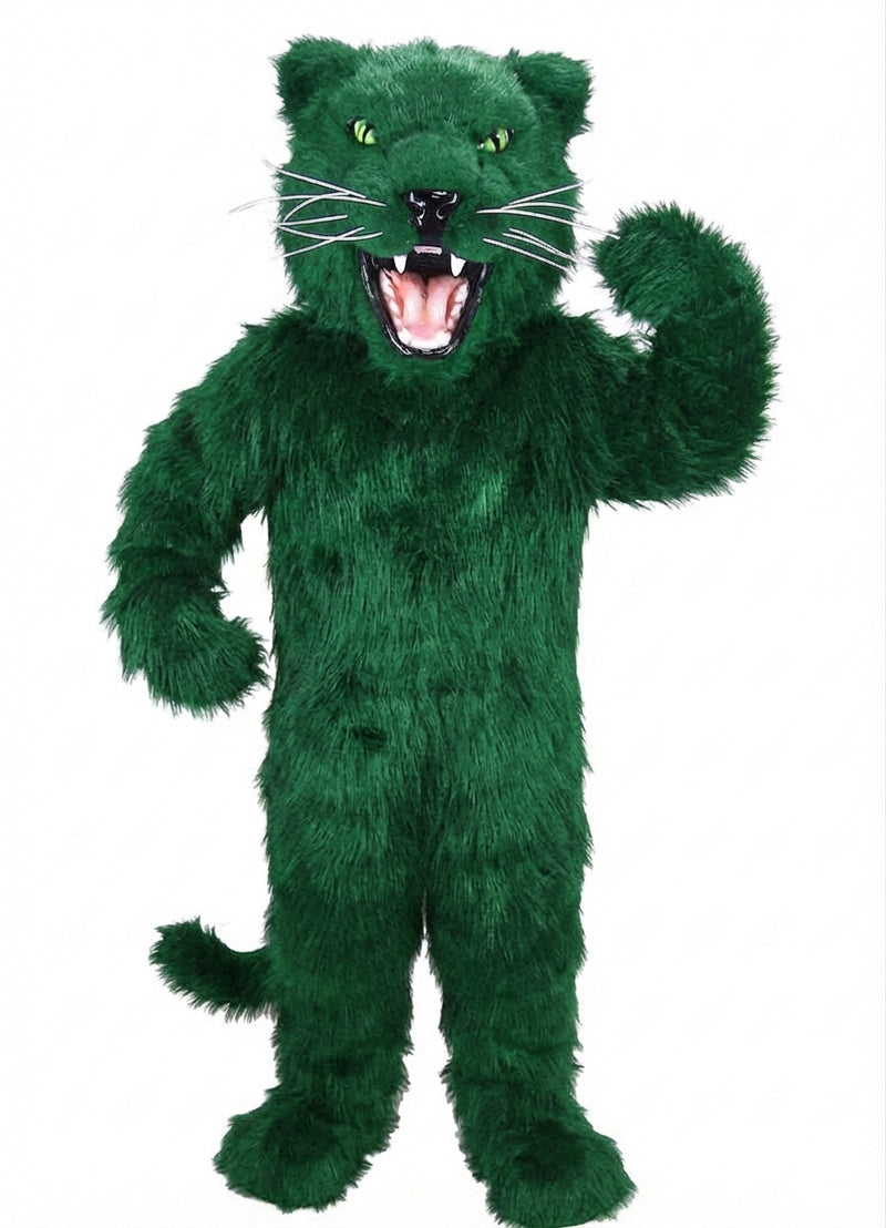 Fierce Black Panther Mascot - Long fur / Green mascot costume