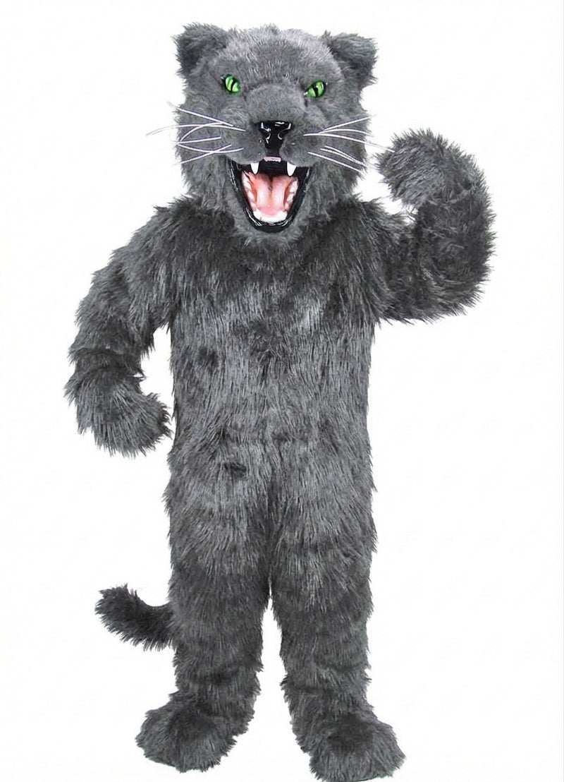 Fierce Black Panther Mascot - Long fur / Grey mascot costume
