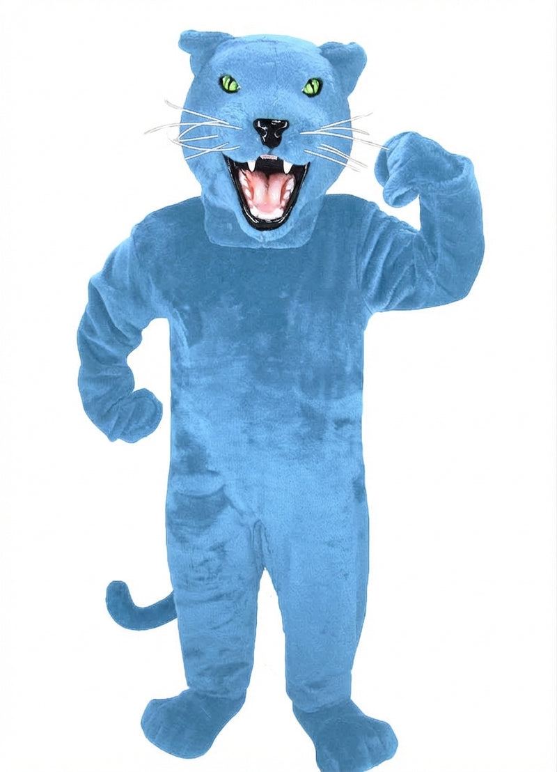 Fierce Black Panther Mascot - Short fur / Light blue mascot costume