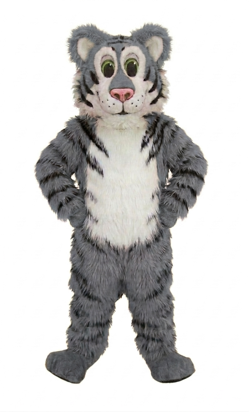 Friendly Tiger Mascot - Long fur / Grey mascot costume