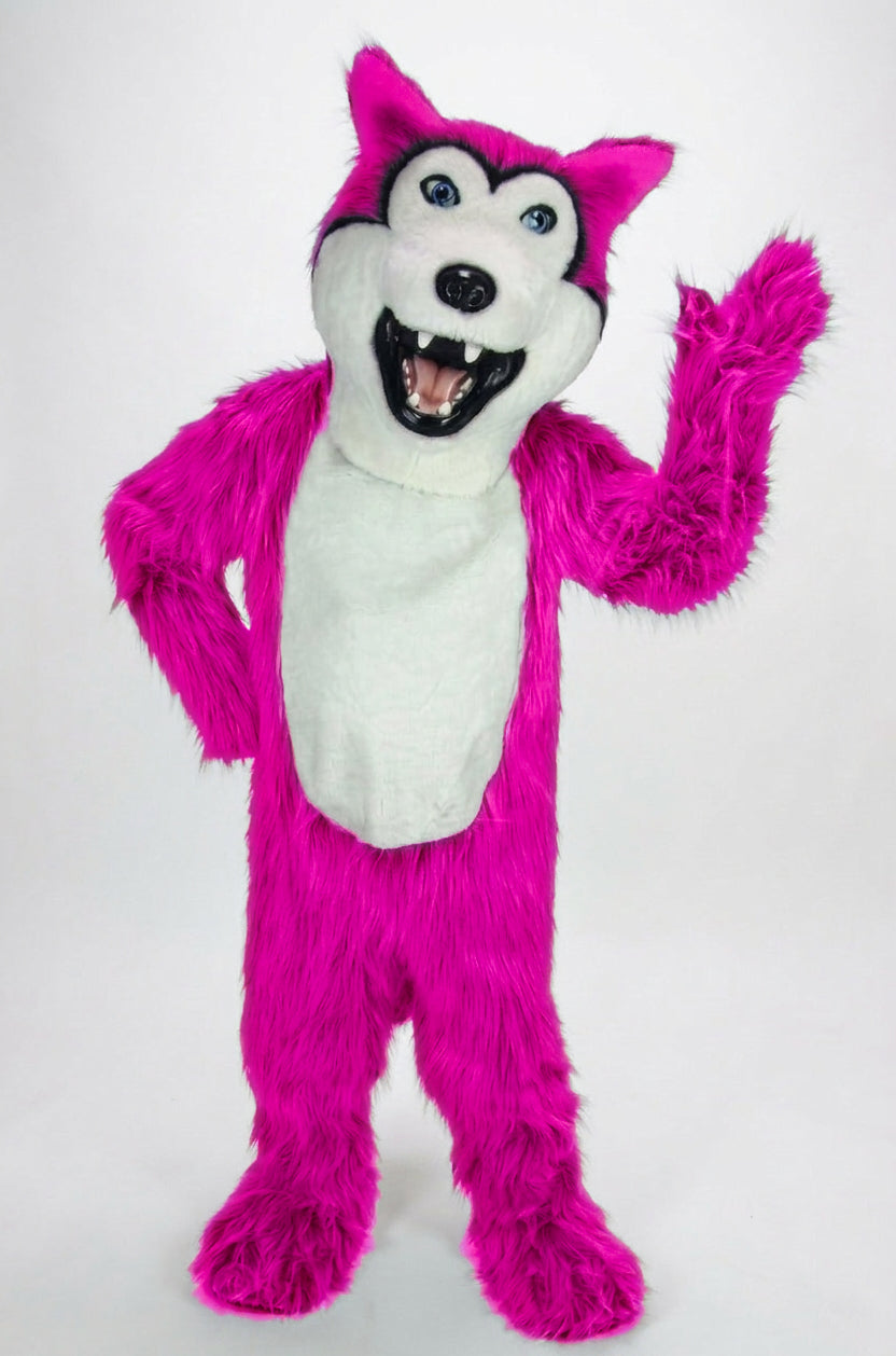 Grey Husky Mascot (Polyfoam) - Long fur / Bright Pink mascot costume