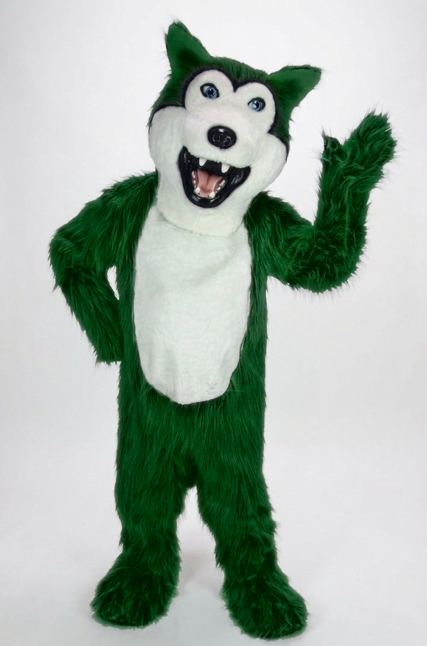 Grey Husky Mascot (Polyfoam) - Long fur / Green mascot costume