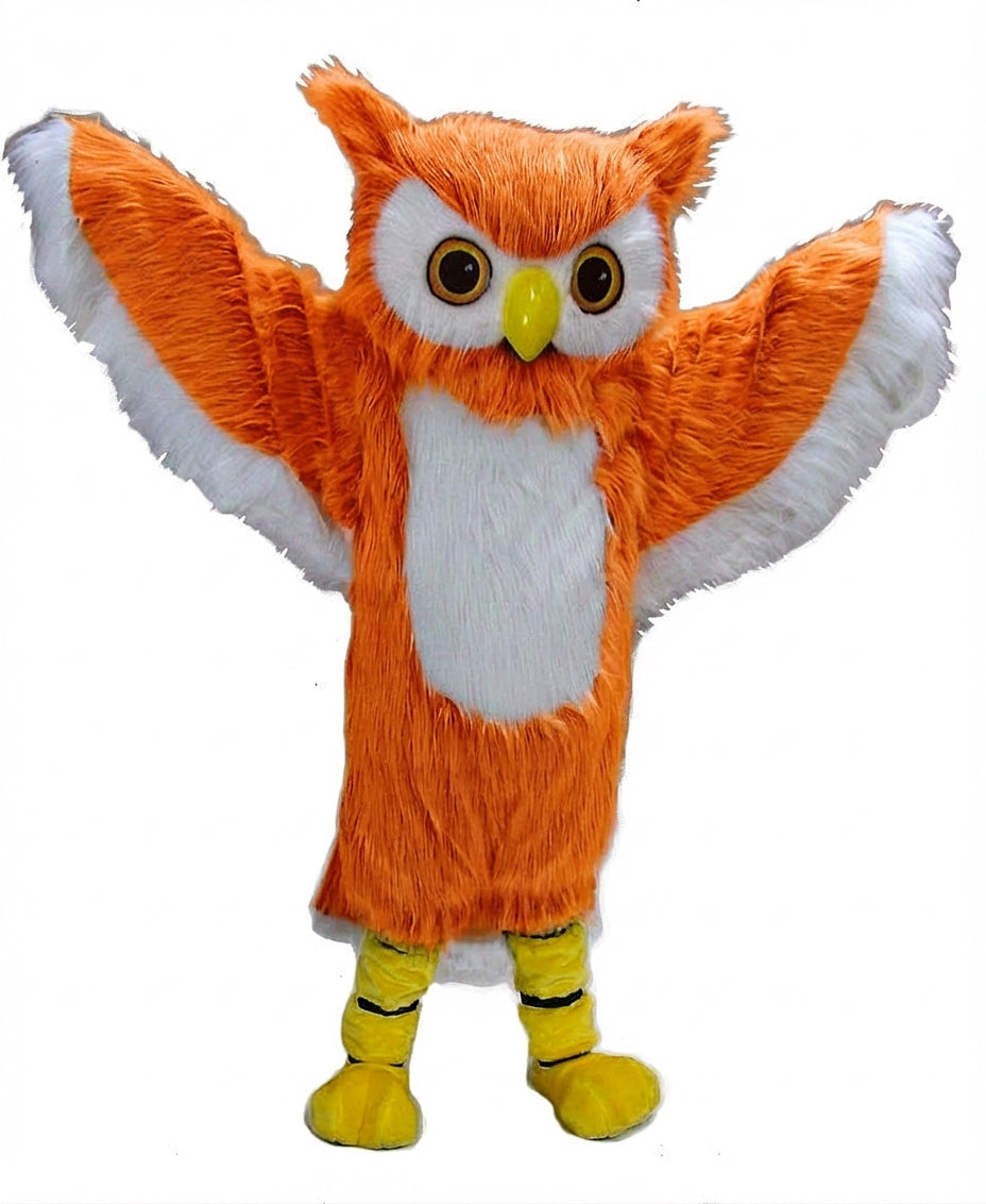Grey Owl Mascot - Long fur / Bright Orange mascot costume