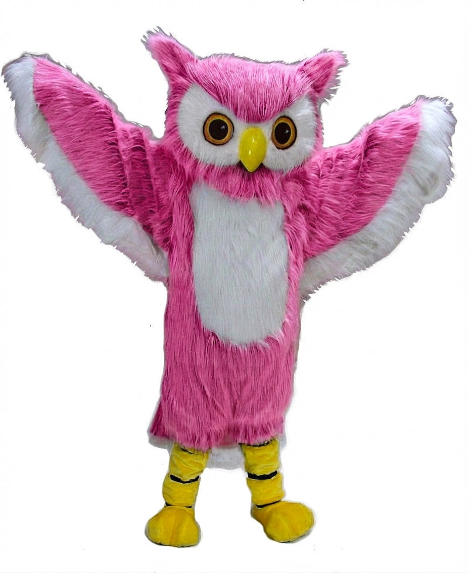 Grey Owl Mascot - Long fur / Bright Pink mascot costume
