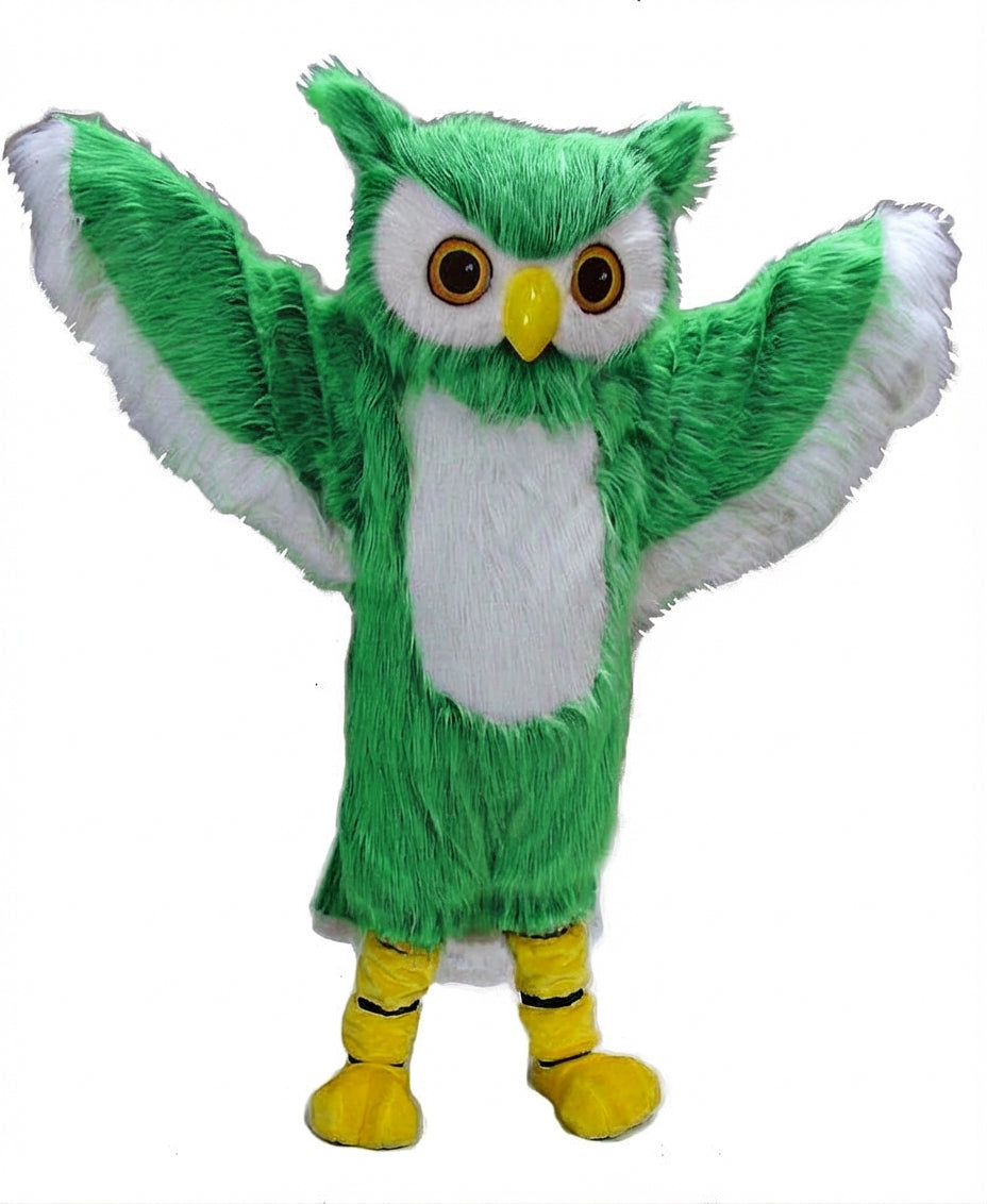 Grey Owl Mascot - Long fur / Green mascot costume