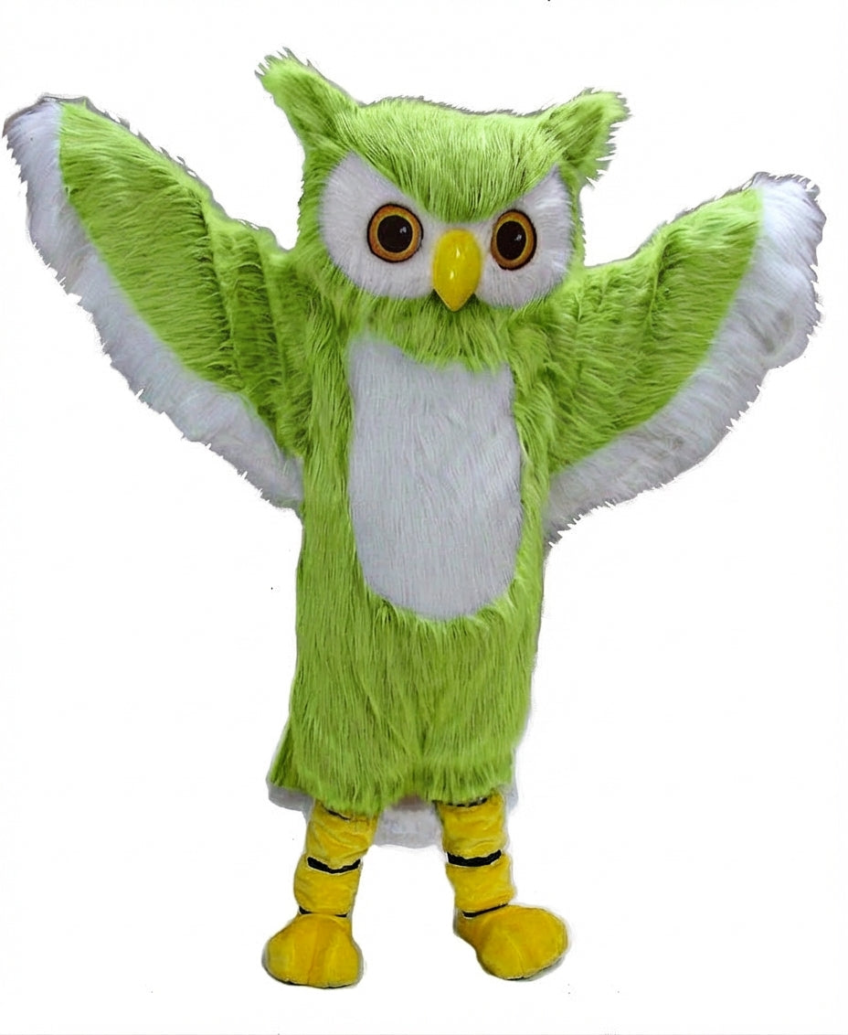 Grey Owl Mascot - Long fur / Lime mascot costume