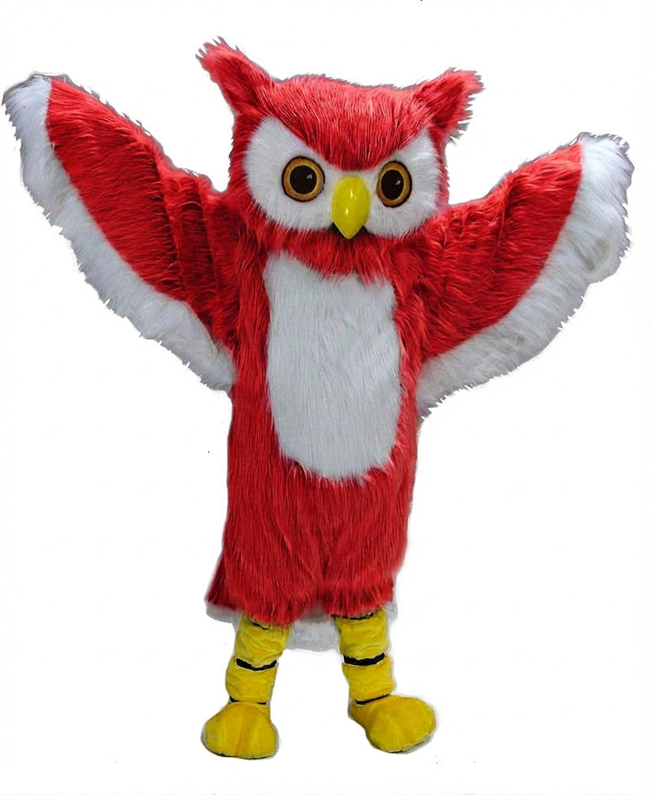 Grey Owl Mascot - Long fur / Red mascot costume