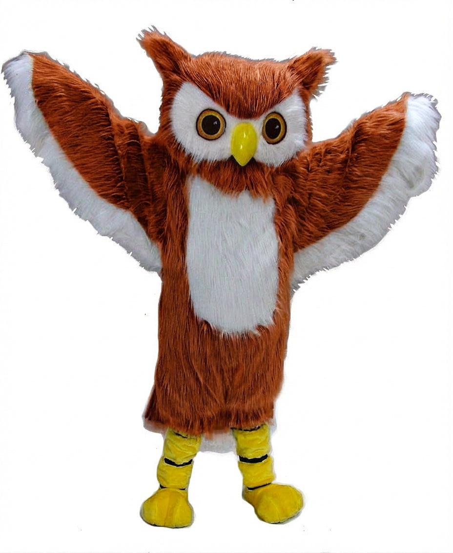 Grey Owl Mascot - Long fur / Rust mascot costume