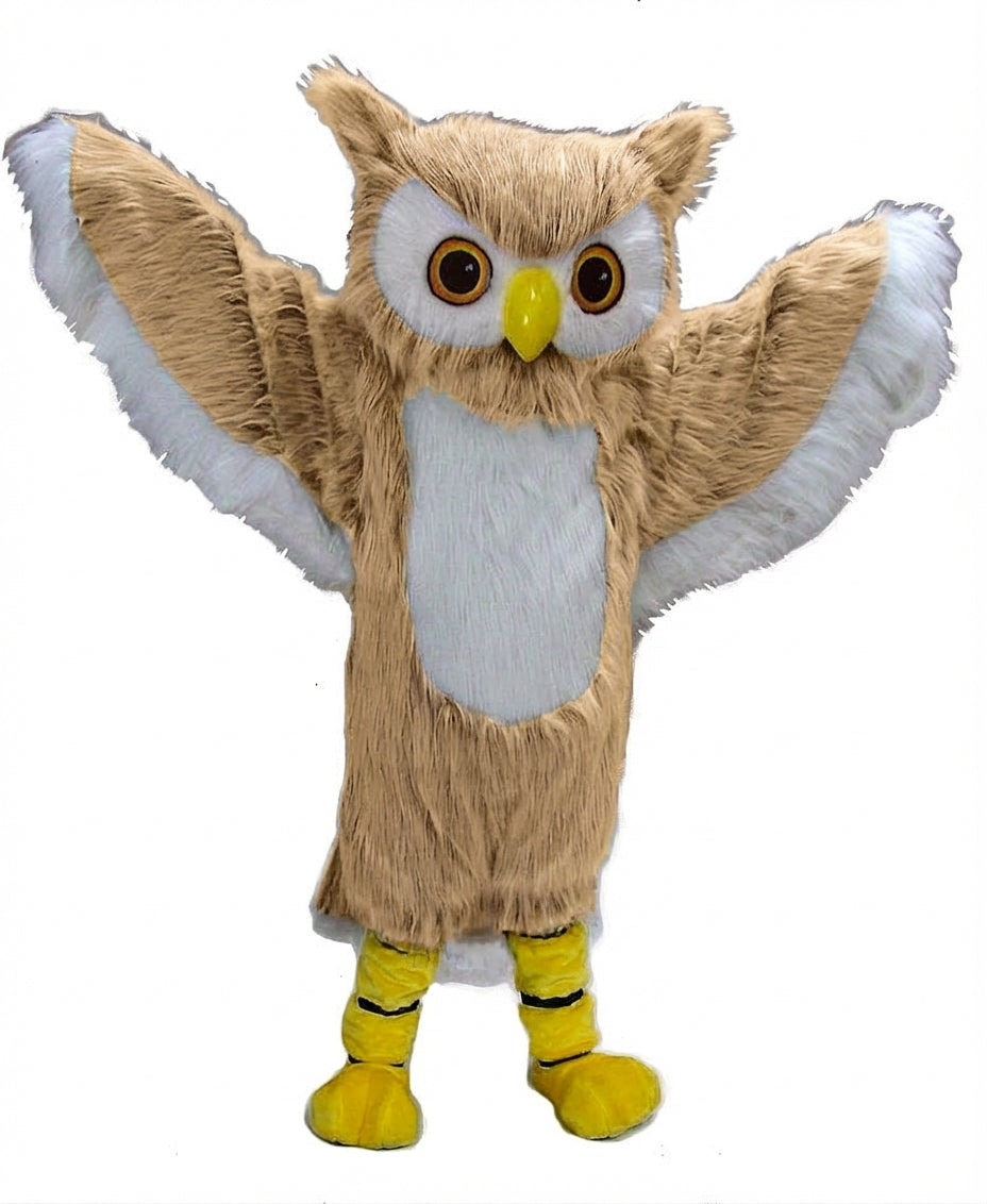 Grey Owl Mascot - Long fur / Tan mascot costume