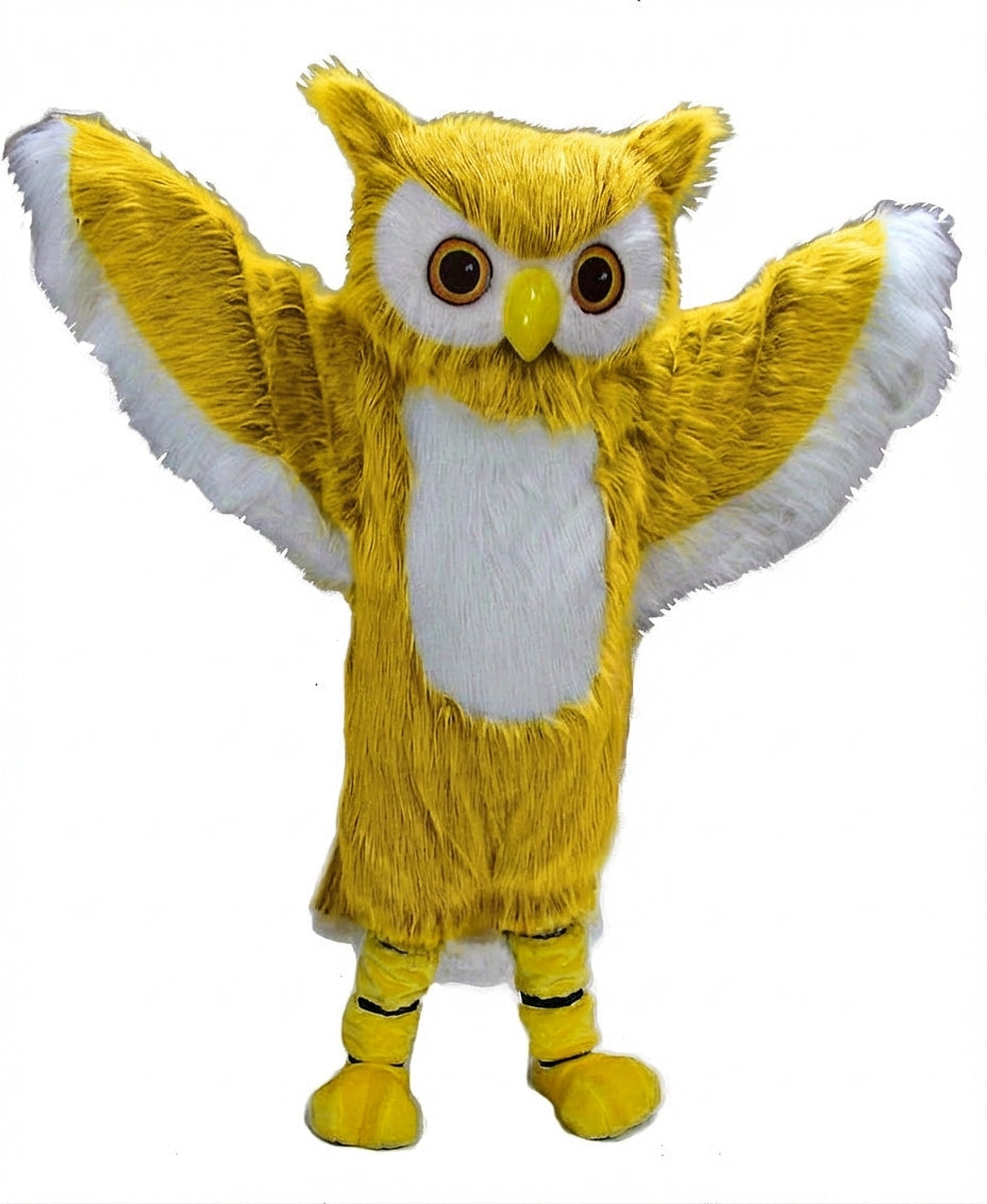 Grey Owl Mascot - Long fur / Yellow mascot costume