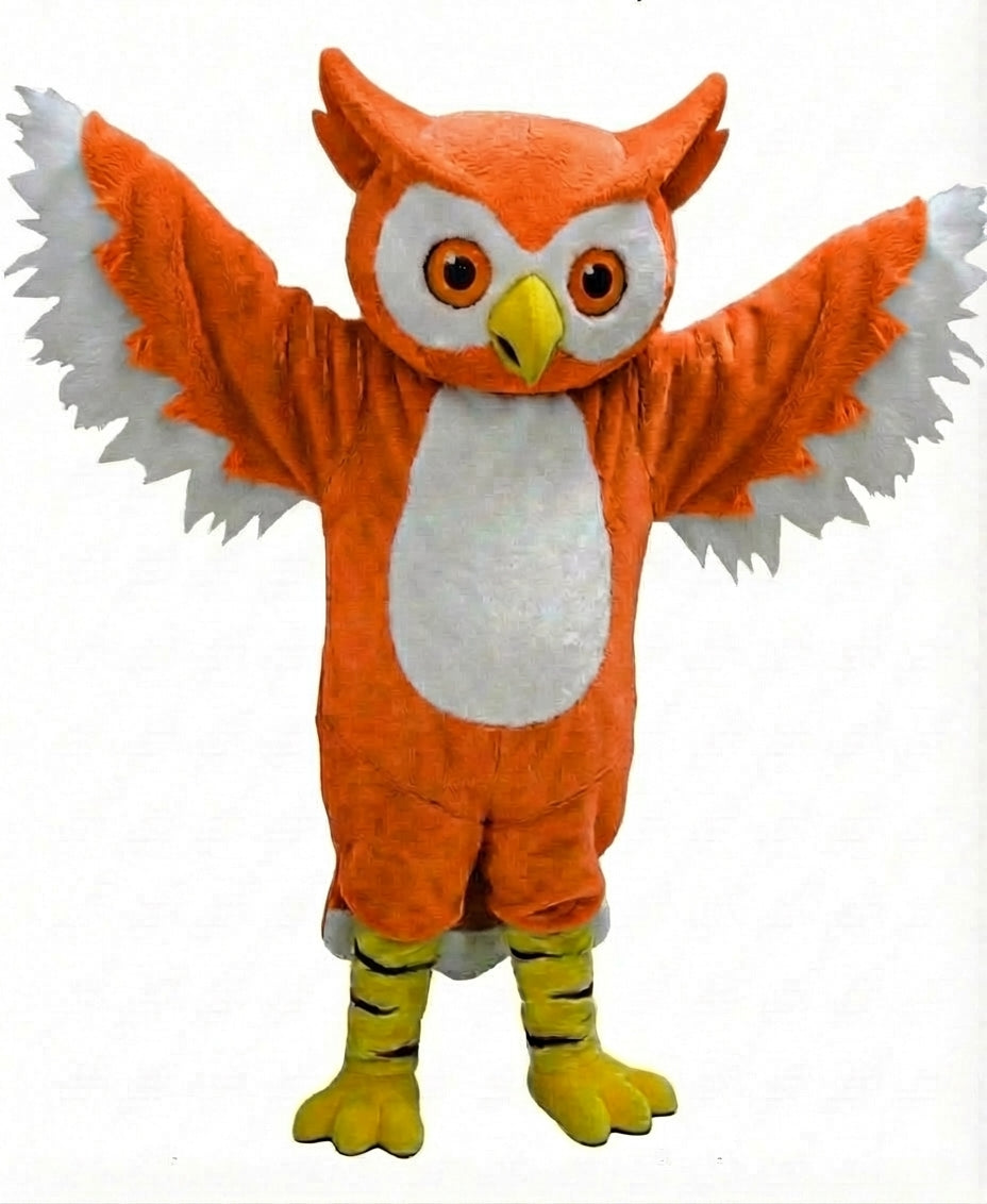 Grey Owl Mascot - Short fur / Bright Orange mascot costume