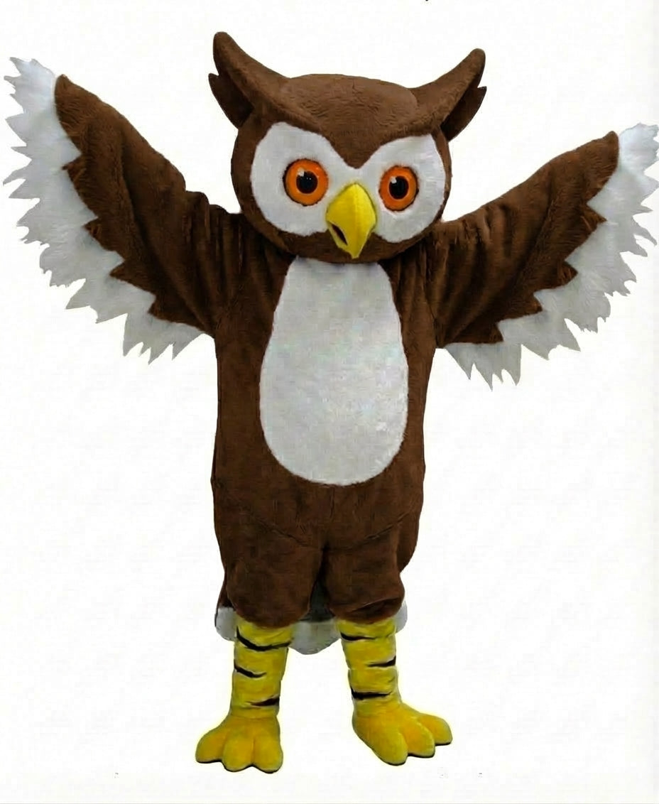 Grey Owl Mascot - Short fur / Chocolate Brown mascot costume