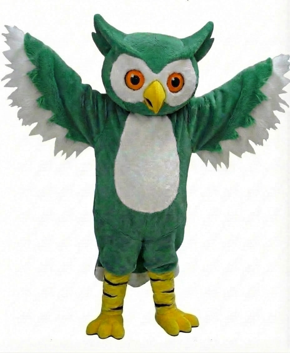 Grey Owl Mascot - Short fur / Green mascot costume