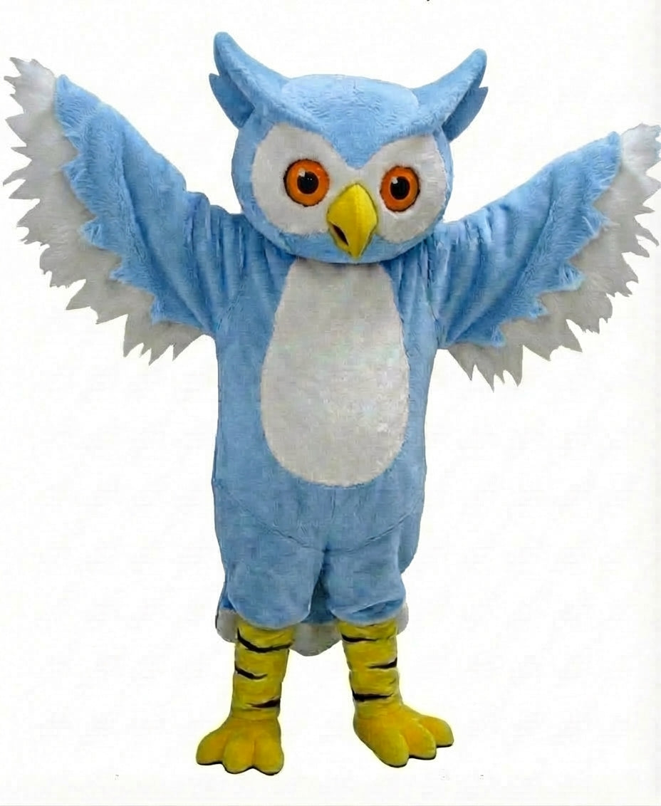 Grey Owl Mascot - Short fur / Light blue mascot costume