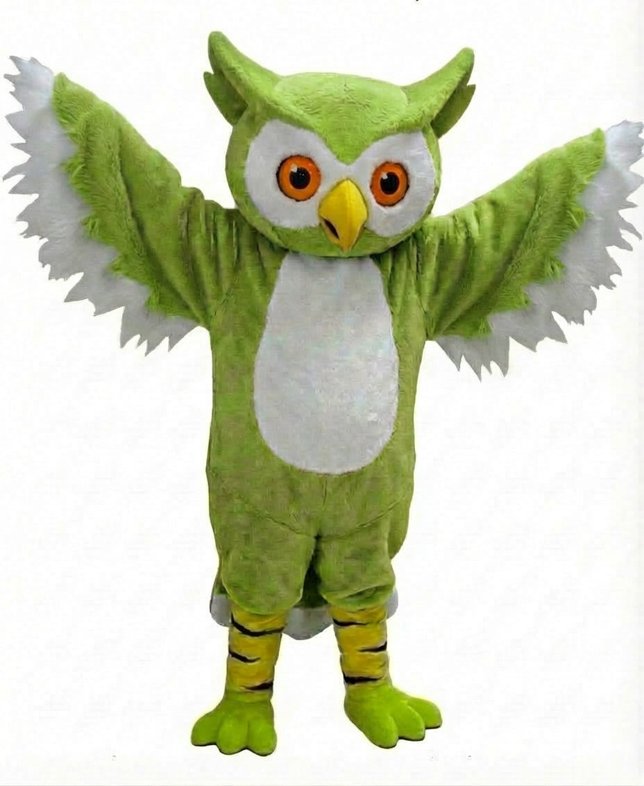 Grey Owl Mascot - Short fur / Lime mascot costume