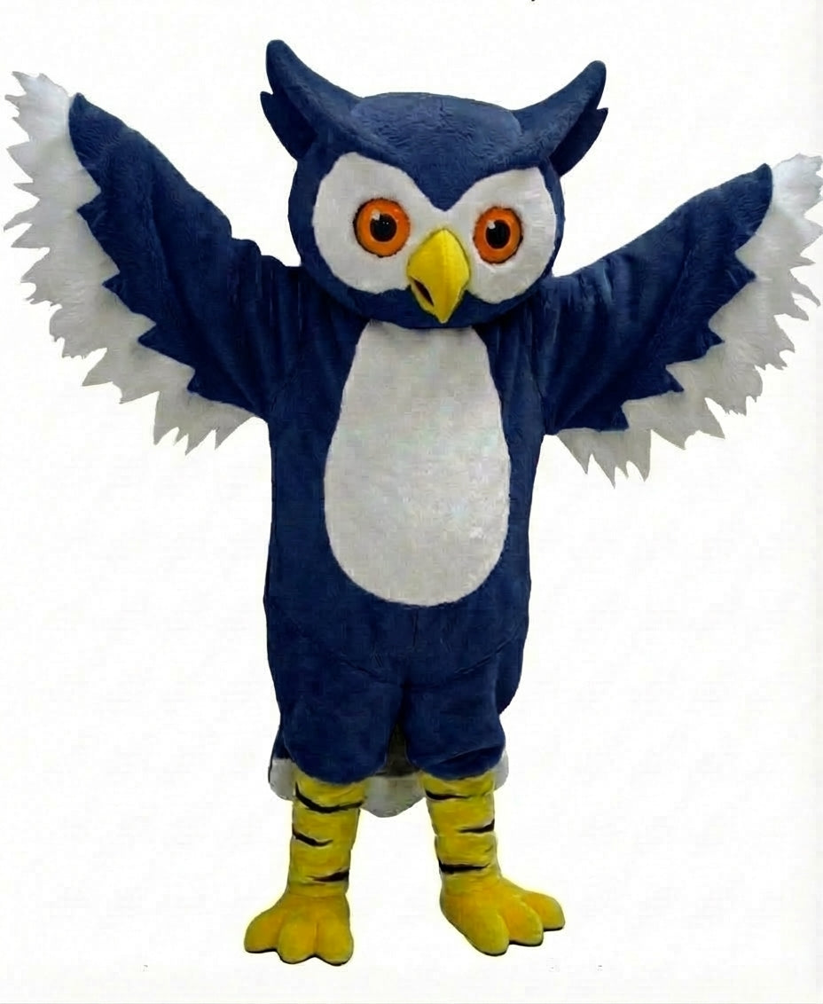 Grey Owl Mascot - Short fur / Navy Blue mascot costume