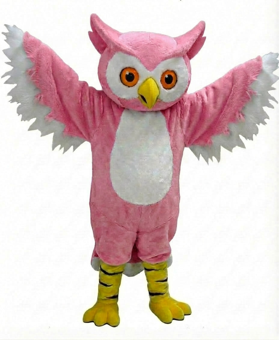 Grey Owl Mascot - Short fur / Pink mascot costume