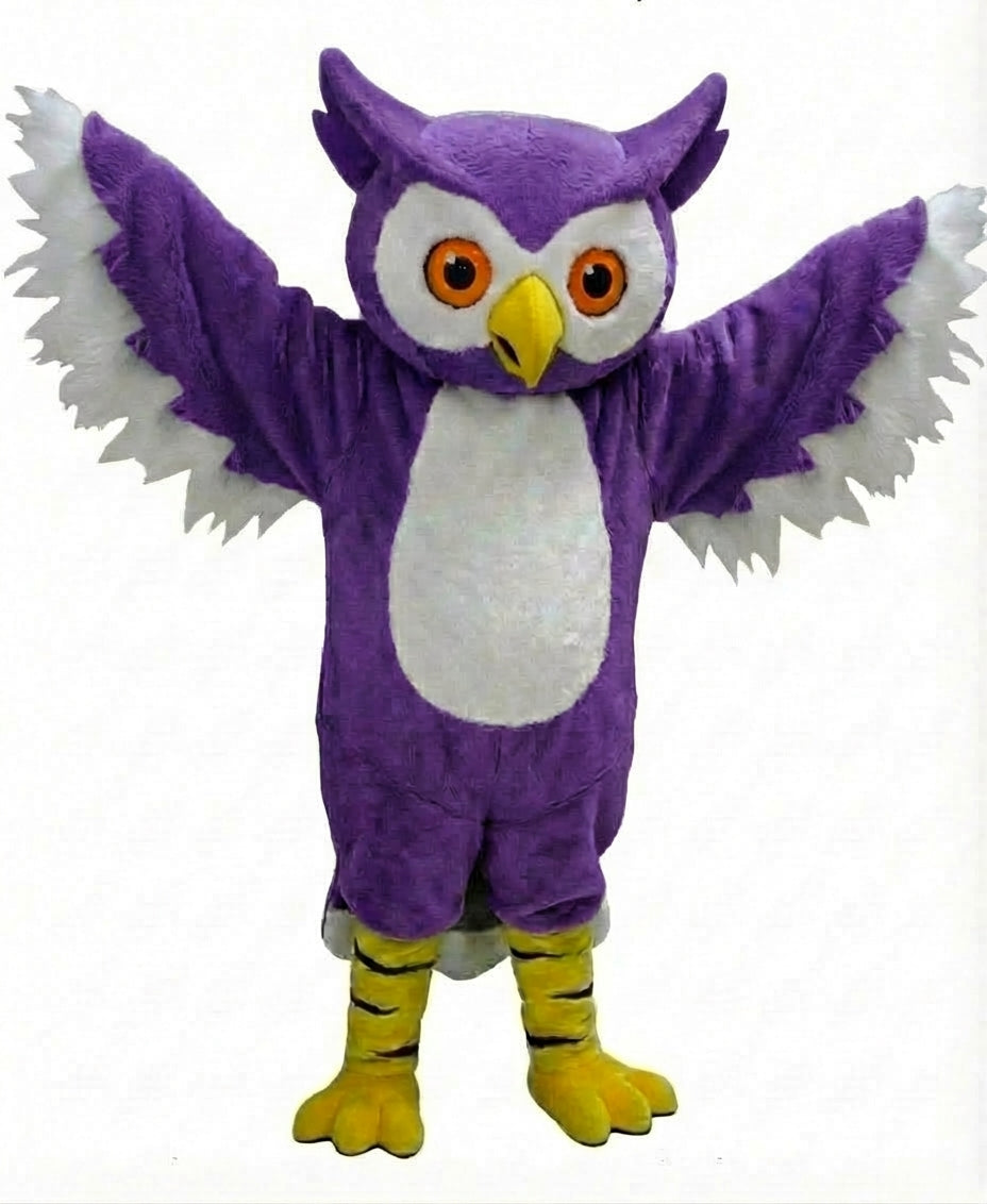 Grey Owl Mascot - Short fur / Purple mascot costume