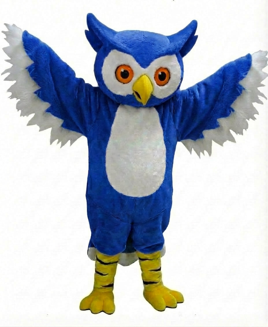 Grey Owl Mascot - Short fur / Royal blue mascot costume