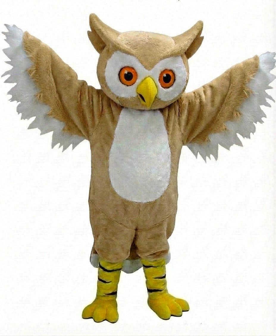 Grey Owl Mascot - Short fur / Tan mascot costume