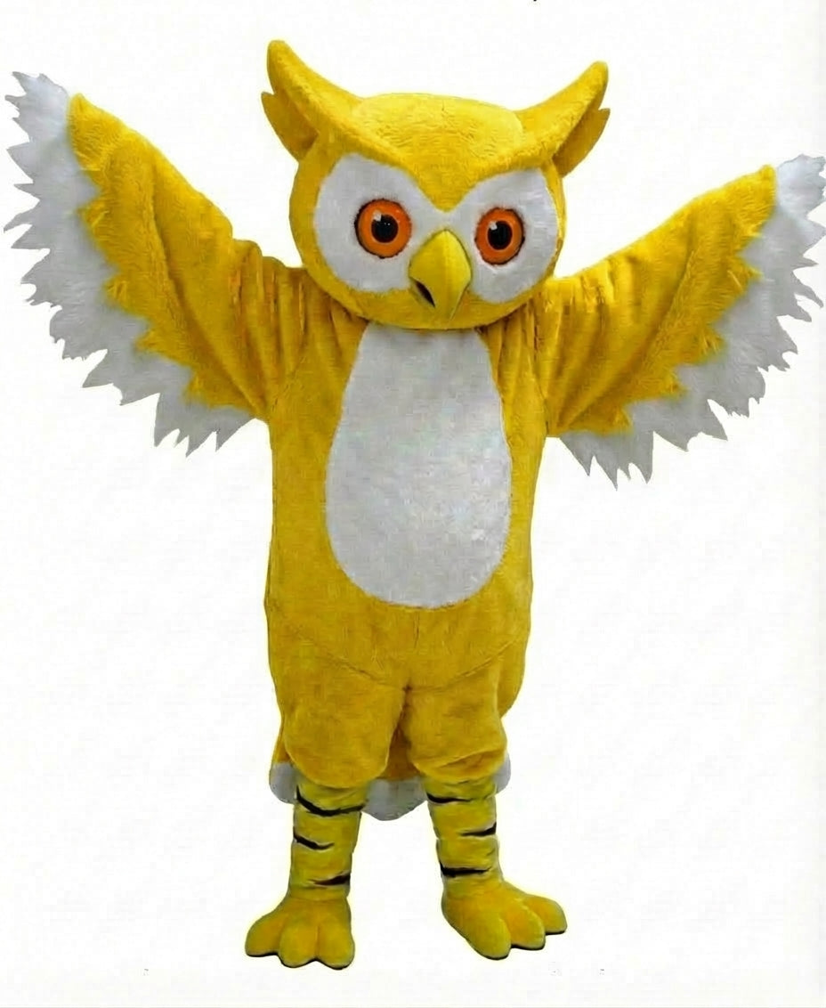 Grey Owl Mascot - Short fur / Yellow mascot costume