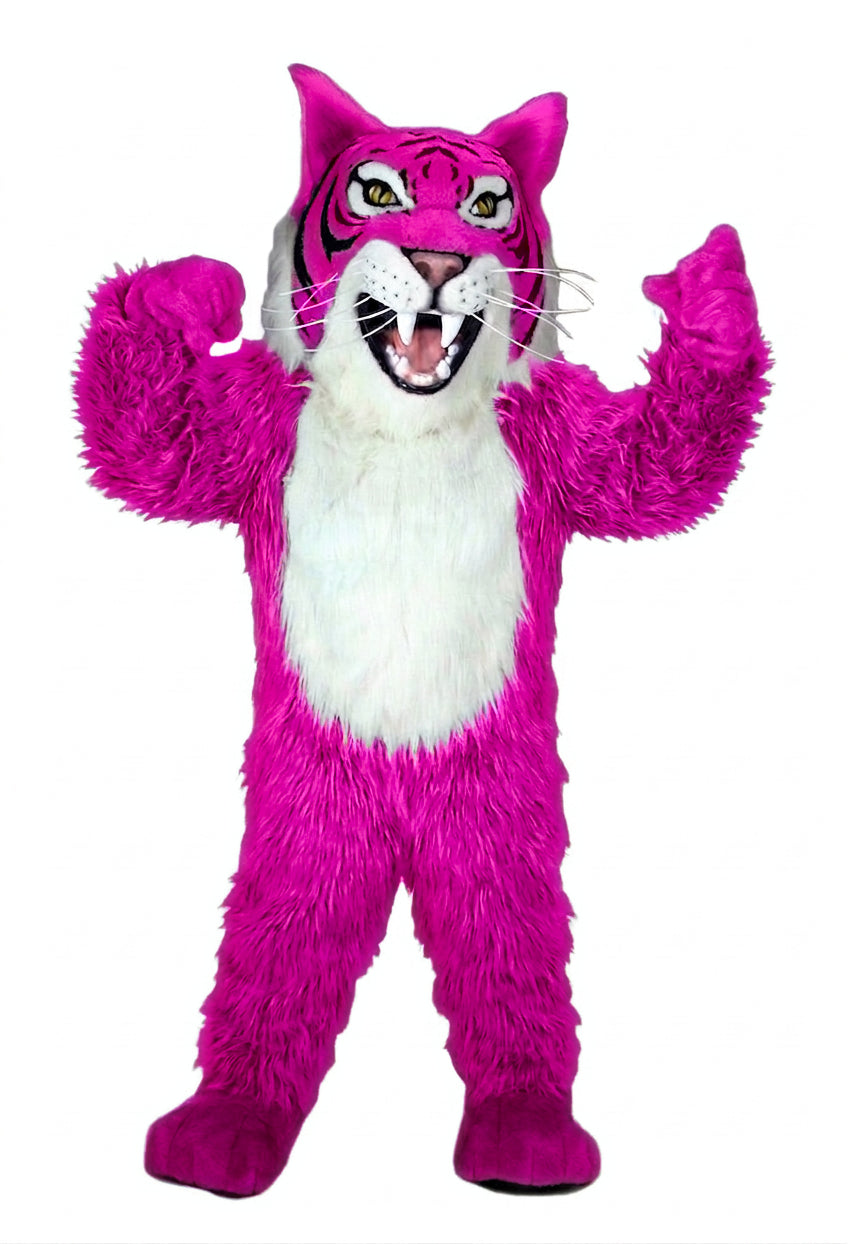 Grey Wildcat Mascot - long fur Bright Pink