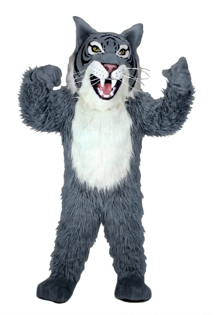 Grey Wildcat Mascot - long fur Grey