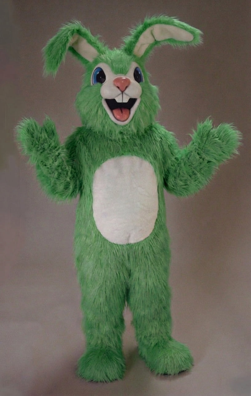 Pink Rabbit Mascot - Long fur / Green mascot costume