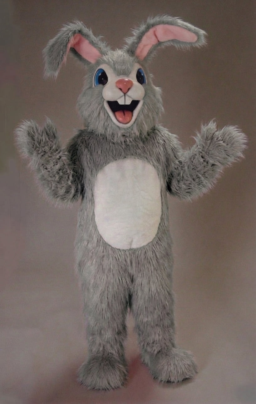 Pink Rabbit Mascot - Long fur / Grey mascot costume
