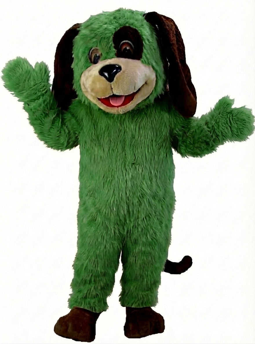 Tan & Brown Dog Mascot (Thermolite) - Long fur / Green mascot costume