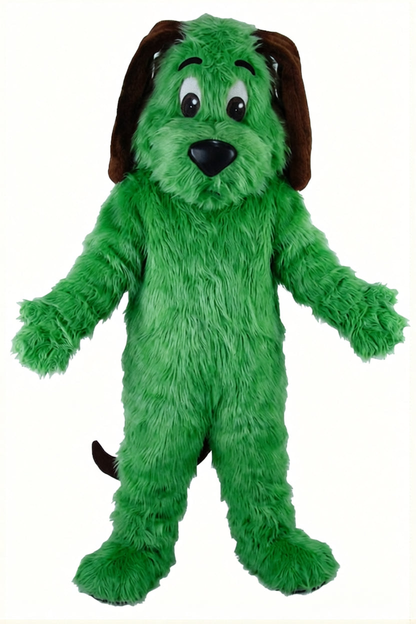 Tan Dog Mascot - Long fur / Green mascot costume