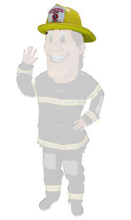 Fire fighter mascot with yellow fireman hat.